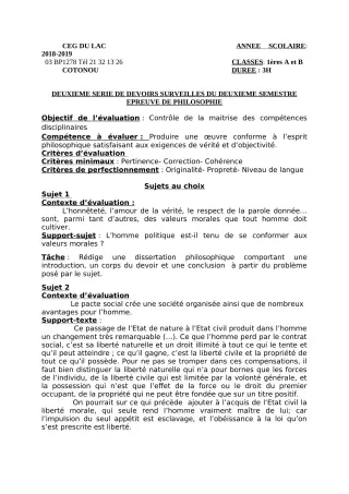 Première page de Philosophie 1ère A2, 1ère B — 2e devoir surveillé, 2e semestre (2018-2019) · CEG du Lac