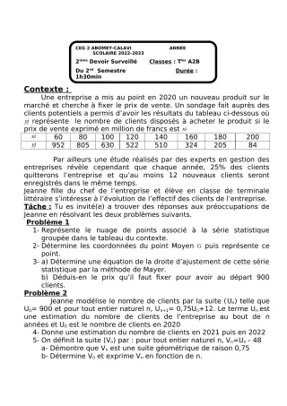 Première page de Mathématiques Tle B — Devoir surveillé, 2e semestre (2022-2023) · CEG2 ABOMEY - CALAVI (CEG ZOCA)