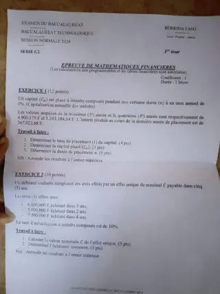 Première page de Sujet BAC 2024 mathématiques financiere série g2