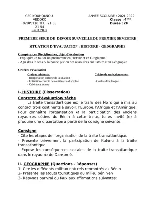 Première page de Histoire-Géographie 4e — 1er devoir surveillé, 1er semestre (2021-2022) · CEG Kouhounou-Vêdoko