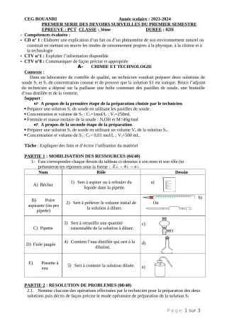 Première page de PCT 3e — 1er devoir surveillé, 1er semestre (2023-2024) · CEG - BOUANRI