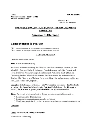 Première page de Allemand 4e ML&MC — 1re évaluation sommative, 2e semestre (2019-2020) · CEG Akassato