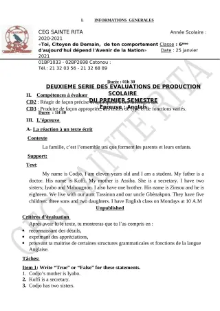 Première page de Anglais 6e, 5e, 4e, 3e, 3e ML, 2nde A2, 2nde B, 2nde C, 2nde D, 1ère A2, 1ère B, 1ère C, 1ère D, Tle A2, Tle B, Tle C, Tle D — Production scolaire (2020-2021) · CEG Sainte Rita