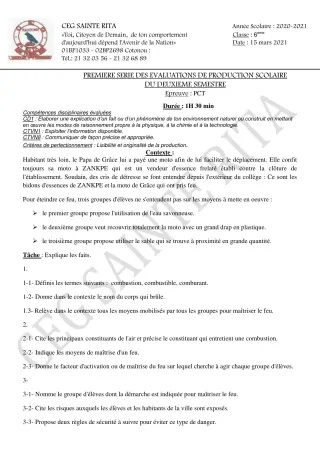 Première page de PCT 6e — Production scolaire, 2e semestre (2020-2021) · CEG Sainte Rita