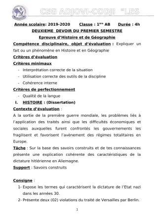 Première page de Histoire-Géographie 1ère B — 2e devoir surveillé, 1er semestre (2019-2020) · CEG ADJOVICODJI 'LES OLIVIERS'