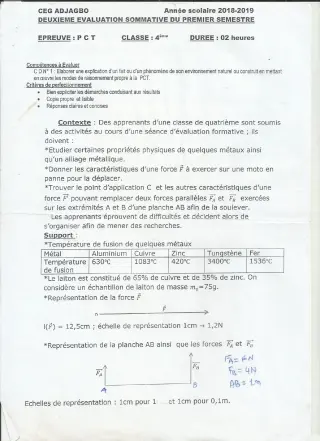 Première page de PCT 4e — 2e évaluation sommative, 1er semestre (2018-2019) · CEG ADJAGBO