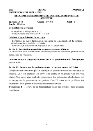 Première page de SVT 1ère A1, 1ère A2, 1ère B — 2e devoir surveillé, 1er semestre (2021-2022) · CEG ZONGO