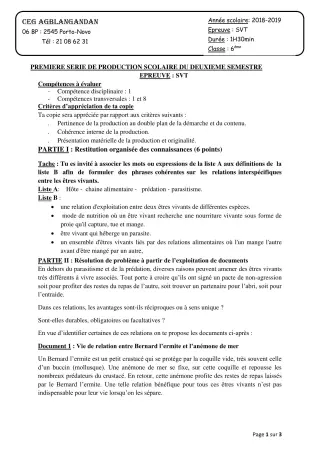 Première page de SVT 5e — 1re production scolaire, 2e semestre (2018-2019) · CEG AGBLANGANDAN