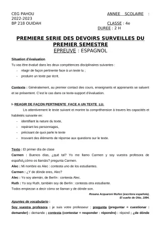 Première page de Espagnol 4e — 1er devoir surveillé, 1er semestre (2022-2023) · CEG PAHOU