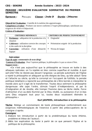 Première page de Philosophie 2nde D — 2e évaluation sommative, 1er semestre (2023-2024) · CEG SEKERE