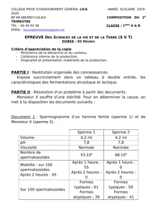 Première page de SVT 1ère A2, 1ère B — Composition, 1er trimestre (2019-2020) · CPEG LICA