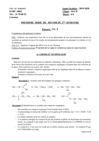 Première page de PCT 1ère D — 1er devoir surveillé, 2e semestre (2019-2020) · CEG LE NOKOUE