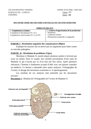 Première page de SVT 3e, 3e ML — 2e devoir surveillé, 2e semestre (2020-2021) · CEG Kouhounou-Vêdoko