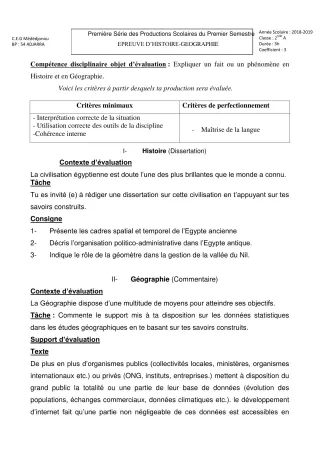 Première page de Histoire-Géographie 2nde A — 1re production scolaire, 1er semestre (2018-2019) · CEG Mèdédjonou