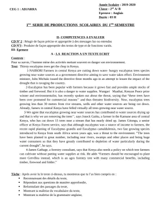 Première page de Anglais 2nde A, 2nde A1, 2nde A2, 2nde B — 1re production scolaire, 1er semestre (2019-2020) · CEG1 Adjarra
