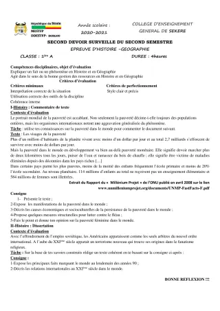 Première page de Histoire-Géographie 1ère A2 — 2e devoir surveillé, 2e semestre (2020-2021) · CEG SEKERE