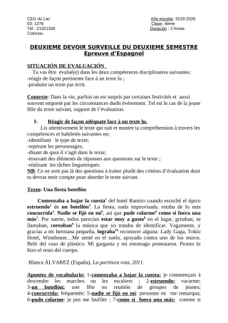 Première page de Espagnol 4e ML — 2e devoir surveillé, 2e semestre (2019-2020) · CEG du Lac