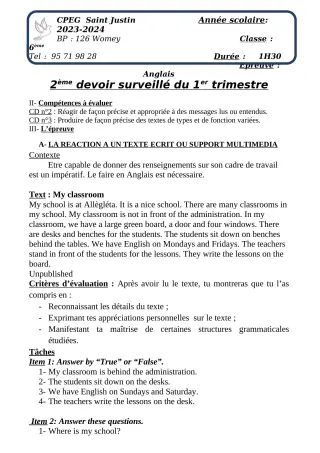 Première page de Anglais 6e — 2e devoir surveillé, 1er trimestre (2023-2024) · CPEG SAINT Justin