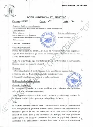 Première page de Histoire-Géographie 4e — Devoir surveillé (2020-2021) · CPEG ROSAIRE