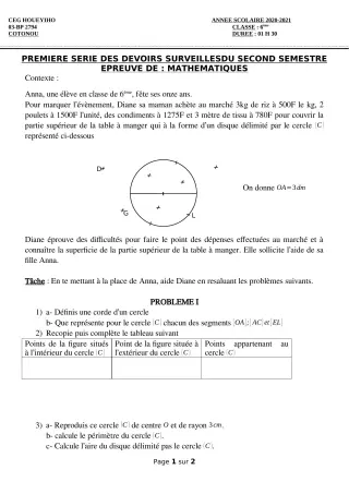 Première page de Mathématiques 6e — 1er devoir surveillé, 2e semestre (2020-2021) · CEG HOUEYIHO