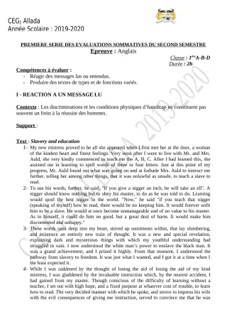 Première page de Anglais 1ère D — 1re évaluation sommative, 2e semestre (2019-2020) · CEG 2 Allada