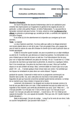 Première page de Devoir surveillé de FRANCAIS LECTURE — 3e — CEG2 ABOMEY - CALAVI (CEG ZOCA) (2021)