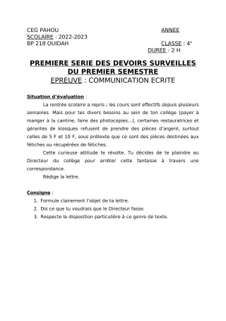 Première page de Français 4e — 1er devoir surveillé, 1er semestre (2022-2023) · CEG PAHOU