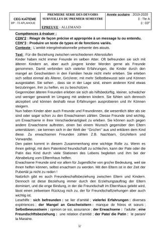 Première page de Allemand Tle A2 — 1er devoir surveillé, 1er semestre (2019-2020) · CEG Kaïtèmè