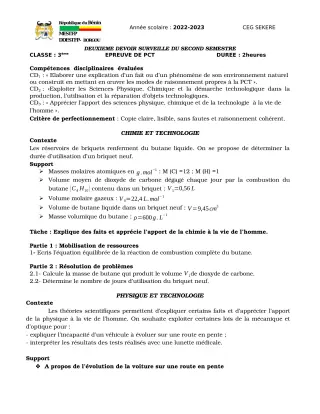 Première page de PCT 3e — 2e devoir surveillé, 2e semestre (2022-2023) · CEG SEKERE