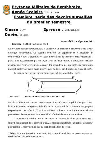 Première page de Mathématiques 5e — 1er devoir surveillé, 1er semestre (2019-2020) · PMB