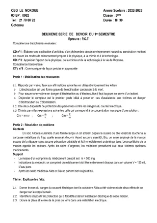 Première page de PCT 5e — 2e devoir surveillé, 1er semestre (2022-2023) · CEG LE NOKOUE