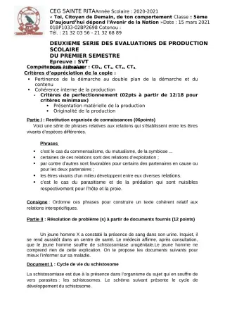 Première page de SVT 5e — Production scolaire, 1er semestre (2020-2021) · CEG Sainte Rita