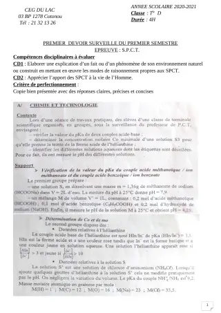 Première page de PCT Tle C — 1er devoir surveillé, 1er semestre (2020-2021) · CEG du Lac