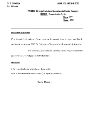 Première page de Français 6e — 1re évaluation sommative, 1er semestre (2019-2020) · CEG Kpanroun