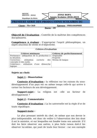 Première page de Philosophie 2nde A, 2nde C, 2nde D, 1ère A, 1ère C, 1ère D, Tle A, Tle C, Tle D — 1re production scolaire (2018-2019) · CEG Bopa