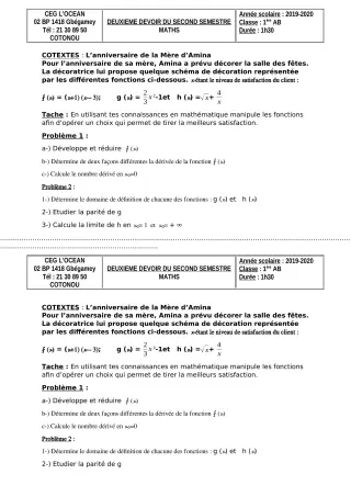 Première page de Mathématiques 4e ML, 1ère A, 1ère B — 2e devoir surveillé, 2e semestre (2019-2020) · CEG l'Océan