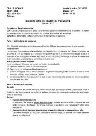 Première page de PCT 6e — 2e devoir surveillé, 1er semestre (2022-2023) · CEG LE NOKOUE