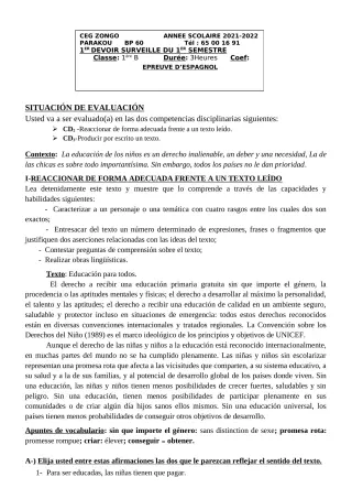 Première page de Espagnol 1ère B — 1er devoir surveillé, 1er semestre (2021-2022) · CEG ZONGO