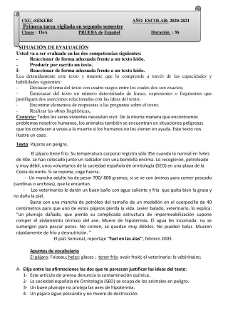 Première page de Espagnol Tle A2 — 2020-2021 · CEG SEKERE