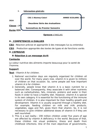 Première page de Anglais 3e — 2e évaluation sommative, 1er semestre (2023-2024) · CEG2 ABOMEY - CALAVI (CEG ZOCA)