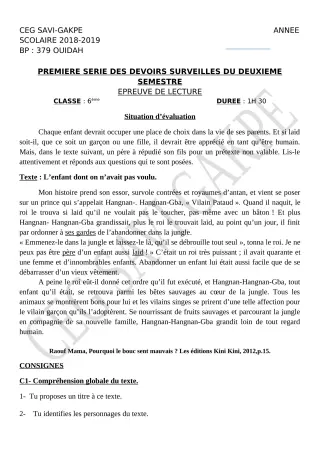 Première page de Français 6e — 1er devoir surveillé, 2e semestre (2018-2019) · CEG SAVI GAKPE