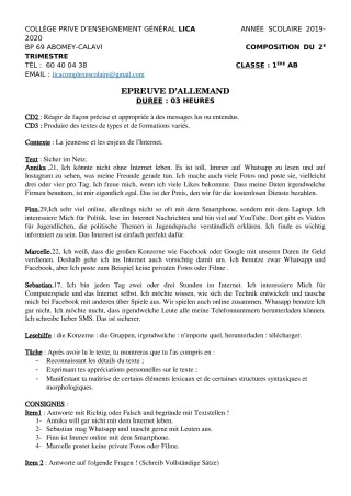 Première page de Allemand 1ère A2, 1ère B — Composition, 1er trimestre (2019-2020) · CPEG LICA