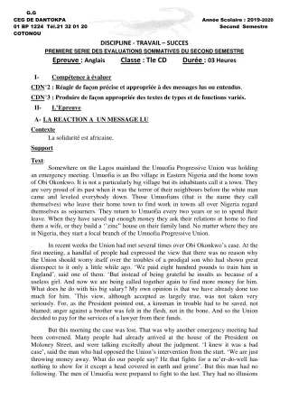 Première page de Anglais Tle C, Tle D — 1re évaluation sommative, 2e semestre (2019-2020) · CEG Dantokpa