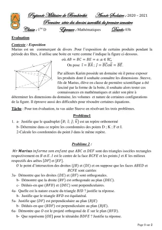 Première page de Mathématiques 1ère D — 1er devoir surveillé, 1er semestre (2020-2021) · PMB