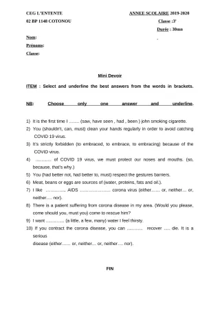 Première page de Anglais 3e, 3e ML — 1er devoir surveillé (2019-2020) · CEG L'Entente