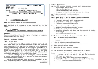 Première page de Anglais 4e — 2e devoir surveillé, 1er semestre (2022-2023) · CEG ZONGO