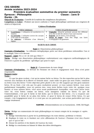 Première page de Philosophie 1ère D — 1re évaluation sommative, 1er semestre (2023-2024) · CEG SEKERE