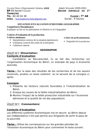 Première page de Histoire-Géographie Tle A2, Tle B — 1er devoir surveillé, 1er trimestre (2020-2021) · CPEG LICA