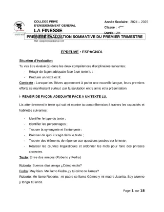 Première page de Espagnol 4e, 3e, 2nde A1, 2nde A2, 2nde B, 1ère A1, 1ère A2, 1ère B, Tle A1, Tle A2, Tle B — 1re évaluation sommative, 1er trimestre (2024-2025) · CPEG La Finesse
