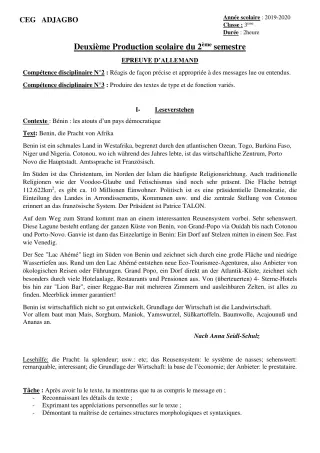 Première page de Allemand 3e, 3e ML — 2e production scolaire, 2e semestre (2019-2020) · CEG ADJAGBO